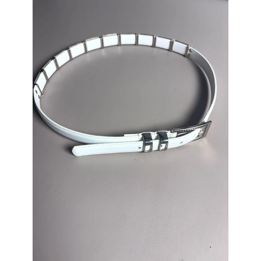 White Genuine Leather Belt with Silver Greek Key Accents Medium‎ Large